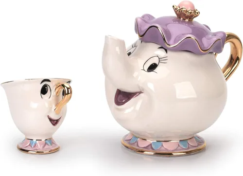 GZHaiTuoSi Taza de tetera con diseño de dibujos animados de la nueva belleza y la bestia Mrs Potts con chip, un juego encantador y set