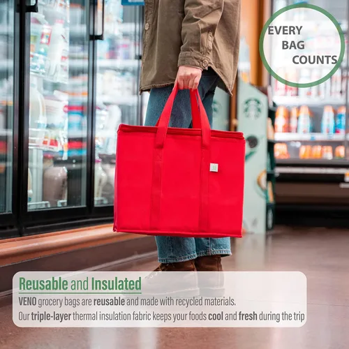 Vista 2 de VENO Paquete de 3 bolsas de comestibles reutilizables aisladas, bolsa de entrega de alimentos, duradera, resistente, tamaño grande, se mantiene