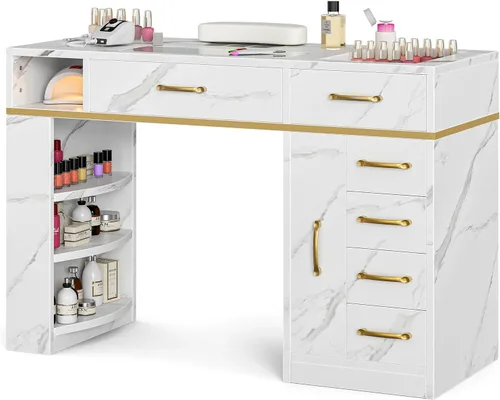 Vista 10 de Estación de manicura para uñas para tecnología de uñas, mesa de uñas con parte superior de cristal, resistente a la acetona con colector de polvo, 7