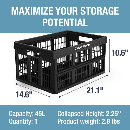 Vista 4 de CleverMade Cajas de Utilidad Plegables-Obsidiana 1 paquete 45L / 11 Gal soporta 66 lbs - Contenedores Apilables de Servicio Pesado - Cestas que