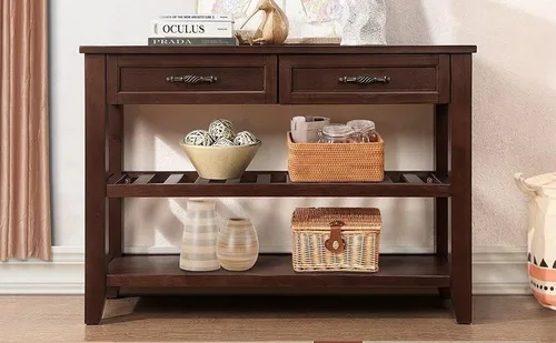 Vista 3 de Mesa consola de madera maciza de 42 pulgadas para sala de estar, mesa de sofá moderna de mediados de siglo con 2 cajones de almacenamiento y Marrón