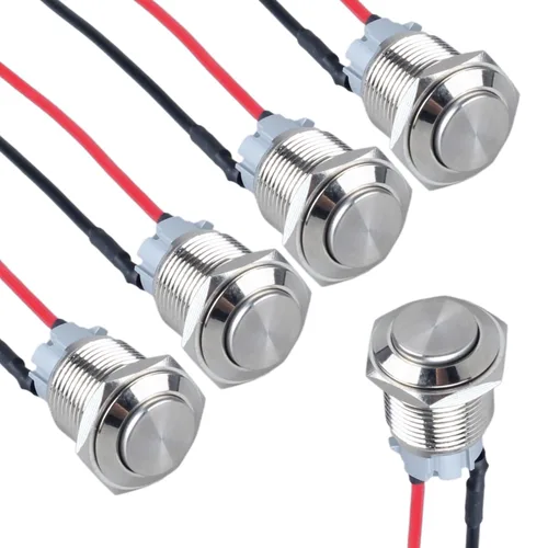 Vista 9 de 5 piezas interruptor de botón momentáneo de metal de 16 mm, cabeza redonda alta, carcasa de aluminio con cable presoldado 1NO 12V 24V 36V 110V 250V