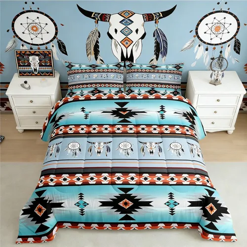 Vista 24 de Erosebridal - Juego de ropa de cama geométrica bohemia, juego de edredón occidental, edredón étnico tribal con flecha azteca, inserto de edredón