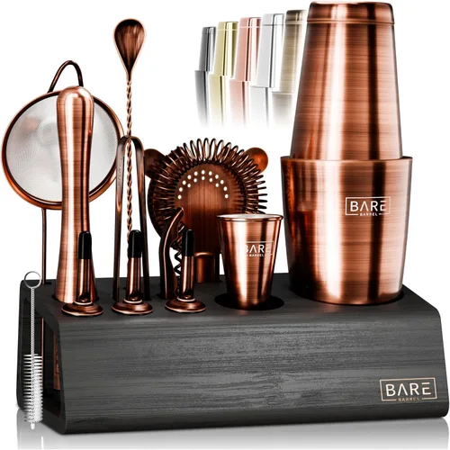 Vista 12 de BARE BARREL® Kit de barman para mixología Juego de bar Juego de coctelera de 14 piezas Utensilios de mezcla para barware de Martini para el bar