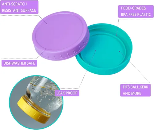 Vista 2 de Jumterlee Paquete de 9 tapas para tarros Mason de boca regular, tapas de plástico con anillos de silicona, tapas de conservas de plástico, bola