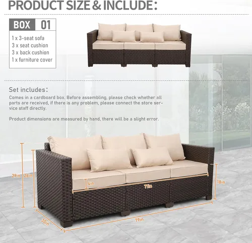 Vista 2 de Muebles de exterior, sofá de 3 plazas, sofá de mimbre marrón para exteriores, asiento profundo, respaldo alto, sofá de patio con cojines