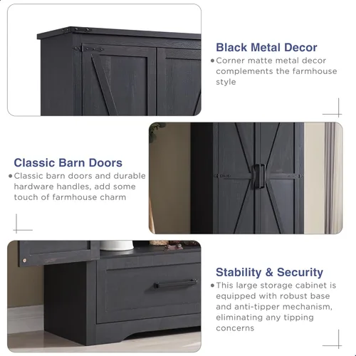 Vista 5 de Armario estilo casa de campo para despensa de cocina, muebles de madera de 72 pulgadas de alto con estantes ajustables, 2 puertas tipo granero