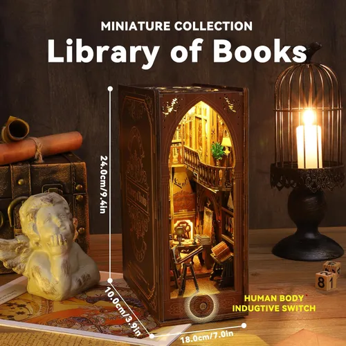 Vista 5 de Flever Kit miniatura de rincón de libro para casa de muñecas, decoración de estantería de libro de bricolaje, rompecabezas de madera 3D, kit