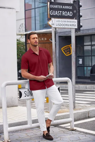 Vista 69 de COOFANDY Camisa casual con botones para hombre, manga corta, sin arrugas, camisa de verano Negro
