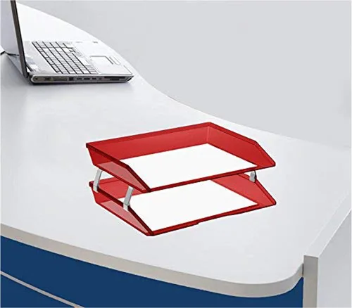 Vista 3 de Acrimet Facility - Organizador de archivos de escritorio de plástico de 2 niveles (color rojo transparente)