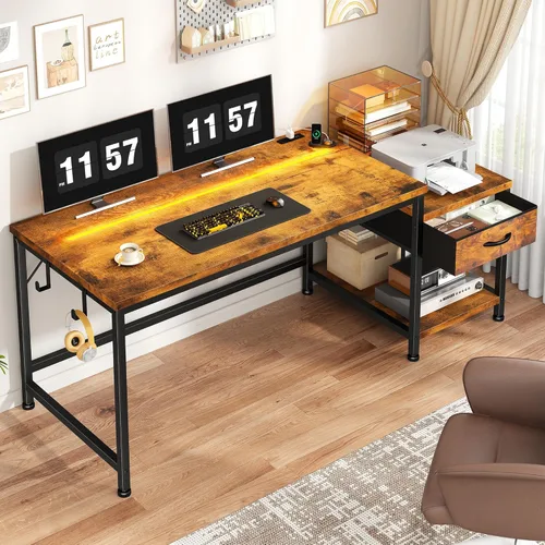 Vista 12 de DurayLoly Escritorio para juegos de 48.1 pulgadas con luces LED y tomas de corriente, escritorio reversible para computadora con cajones y estante