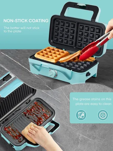 Vista 9 de FOHERE Waffle Maker 3 en 1 Sandwichera 1200W Prensa Panini con Placas Extraíbles y Control de Temperatura de 5 Niveles, Revestimiento Antiadherente