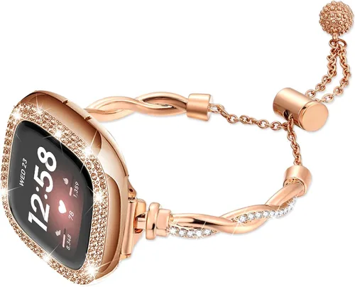 Vista 11 de Correa de reloj brillante compatible con Fitbit Versa 3/Fitbit Sense para mujer, correa ajustable de aleación de cristal con diamantes de imitación