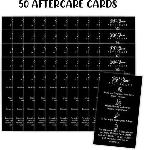 Vista 2 de BB Glow Tarjetas de cuidado posterior, paquete de 50, tamaño de tarjeta de visita de 2 x 3.5 pulgadas, microneedled BB Glow negro con diseño blanco