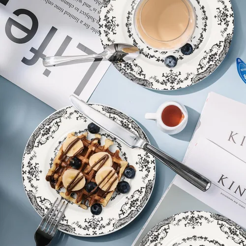 Vista 6 de Platos de ensalada, juego de 6 platos de cerámica de 8.5 pulgadas, plato de cocina apto para microondas, plato de porcelana blanca para postre, Negro