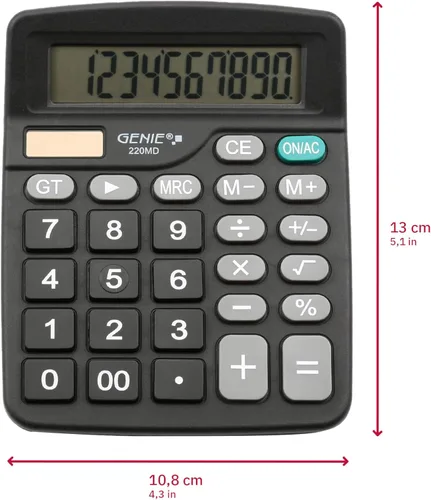 Vista 5 de Genie 220 MD - Calculadora de escritorio de 10 dígitos (energía solar y batería), diseño compacto, color negro