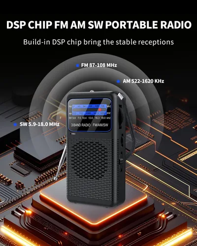 Vista 3 de Radio de bolsillo con clip trasero FM AM SW, funciona con pilas, radio transistor de onda corta portátil con linterna LED de emergencia y conector