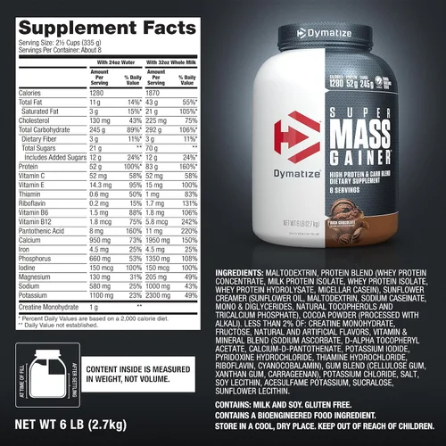 Vista 5 de Dymatize Super Mass Gainer proteína en polvo, chocolate rico, 52 g de proteína, 1 g de creatina, 1280 calorías, 10.7 g de BCAA, 245 g