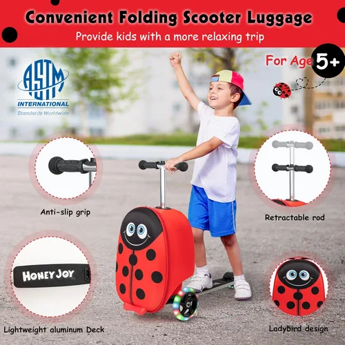 Vista 4 de HONEY JOY Maleta de scooter para niños, equipaje de mano de 18 pulgadas con ruedas LED iluminadas, carcasa impermeable y mango retráctil, maleta