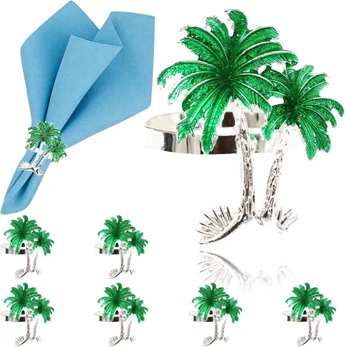 Vista 10 de Juego de 8 servilleteros de palmera costera tropical para fiesta de primavera, verano, decoración de boda, árbol de coco verde, mesa de comedor