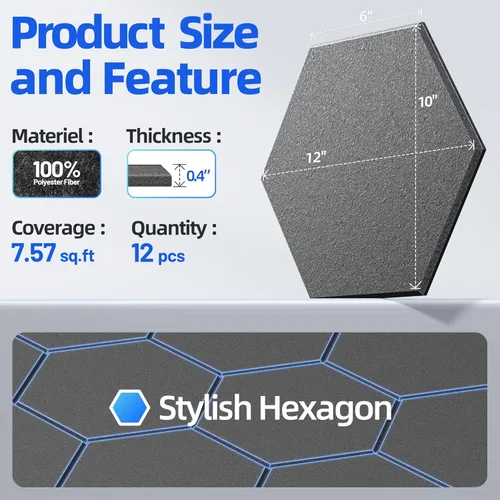 Vista 5 de Paquete de 12 paneles acústicos hexagonales con autoadhesivos, paneles de espuma a prueba de sonido de 12 x 10 x 0.4 pulgadas para paredes, paneles