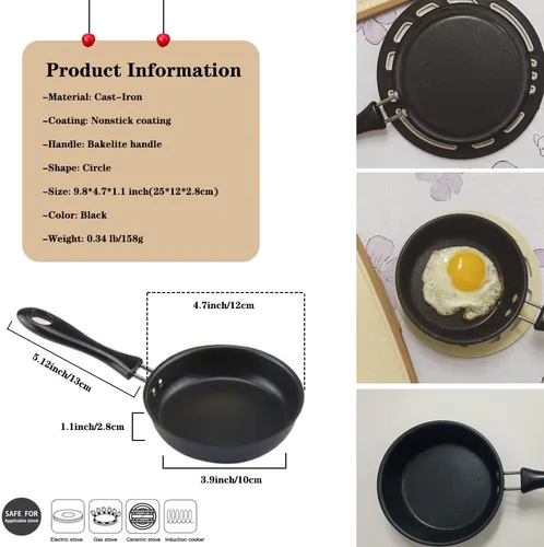 Vista 2 de Mini sartén para huevos de 4.7 pulgadas, 3 piezas, sartén antiadherente con mango de baquelita, olla de hierro fundido diseñada para huevos