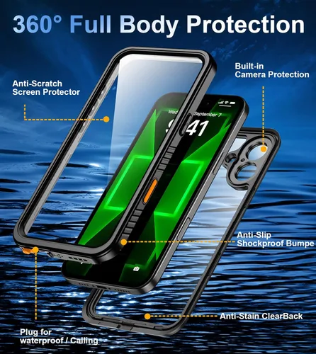Vista 4 de Oterkin Funda impermeable para iPhone 16, funda de cuerpo completo 360° resistente 16 con protector de pantalla HD integrado y protector de cámara