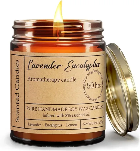Vista 9 de Velas de eucalipto de lavanda para el hogar, velas de aromaterapia de 8 onzas para relajación, ansiedad, alivio del estrés, no tóxicas, velas