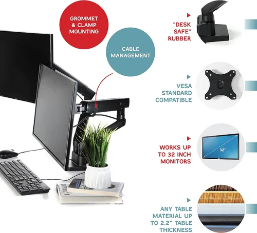 Vista 5 de Soporte de brazo para monitor doble para pantallas de 35 pulgadas, montaje VESA completamente ajustable para 2 monitores, soporte de escritorio