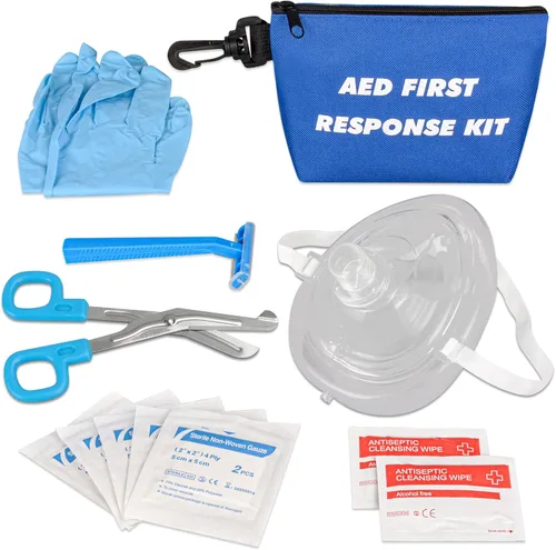 Kit de primeros auxilios AED con máscara de rescate de RCP, maquinilla de afeitar desechable, tijeras de trauma EMT, guantes, almohadillas de gasa,