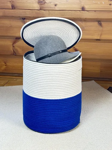 Vista 7 de Cesta de almacenamiento de cuerda de algodón con tapa, organizador tejido duradero con asas, cestas tejidas, cesta de almacenamiento multiusos