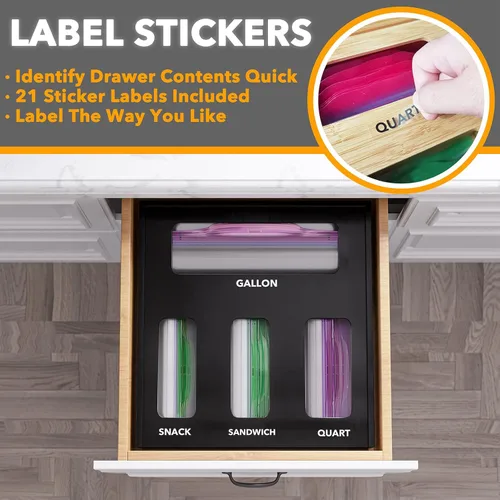 Vista 4 de SpaceAid Organizador de bolsas para cajón de cocina, de bambú, compatible con galón, cuarto de galón, sándwiches y aperitivos, para bolsas de Negro