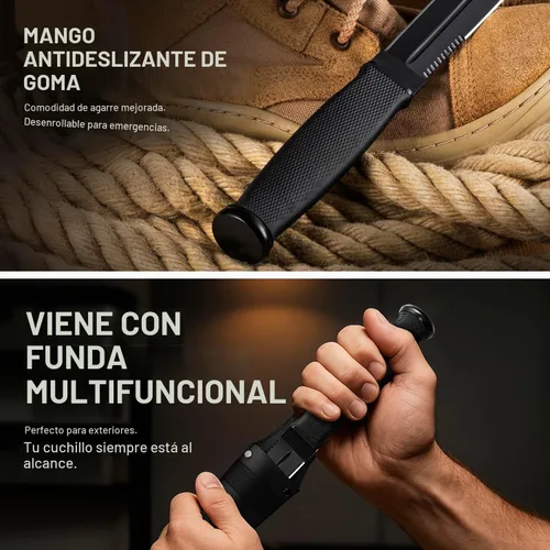 Vista 6 de Cuchillo táctico de supervivencia con funda, hoja fija de espiga completa de 6.5 pulgadas, borde dentado, cuchillo de caza con mango de goma