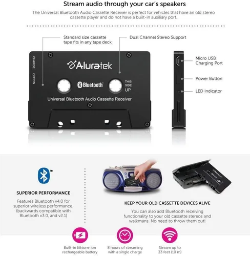 Vista 3 de Aluratek Receptor universal de casete de audio Bluetooth, batería recargable incorporada, hasta 8 horas de reproducción, recepción de audio de hasta