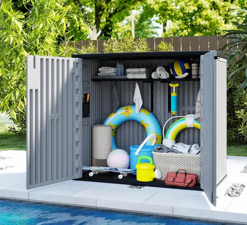 Vista 4 de ZZM Cobertizo de almacenamiento al aire libre de 37 pies cúbicos con piso de resina HDPE de doble pared, cobertizos de almacenamiento al aire libre
