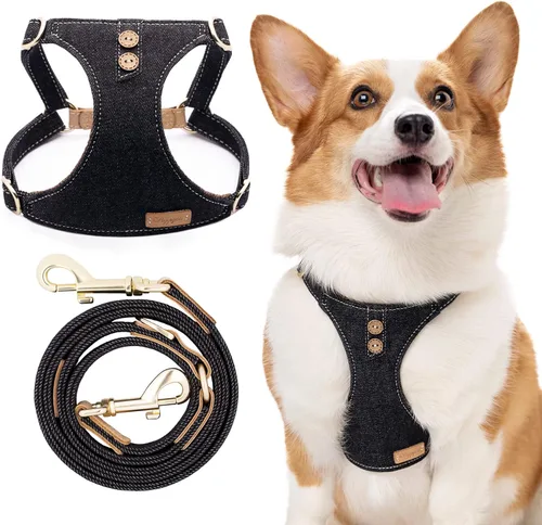 Vista 18 de Arnés sin tirones para perro, con correa multifunción, pechera suave y ajustable para mascota, no ahorca, chaleco a prueba de escape, azul vaquero