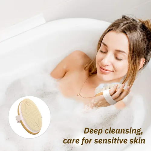 Vista 6 de Metene Cepillo corporal de cepillado en seco con cerdas naturales suaves y rígidas, cepillo exfoliante corporal/masaje para celulitis y linfática