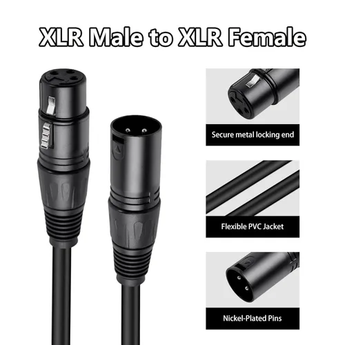 Vista 4 de Paquete de 2 cables de micrófono XLR macho a hembra de 3 pines, DMX512, adaptador XLR macho a hembra DMX de 3 pines para mezclador de luz
