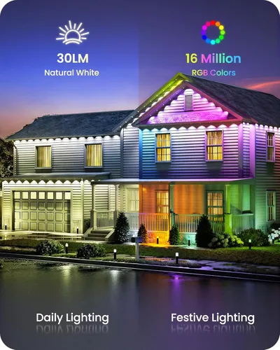 Vista 3 de Luces permanentes para exteriores, 50 pies RGB y aleros blancos con 30 luces LED, aplicación/control remoto, IP65 impermeable, cadena de luces