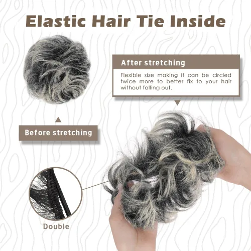 Vista 10 de Barsdar - Moño de cabello 100 % humano, Moño desordenado, Extensiones de cola de caballo, Moño de cabello rizado, Pieza de cabello