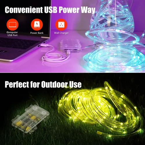 Vista 3 de OMIKA Cuerda de luces para exteriores, 33 pies, 100 LED, 16 colores cambiantes, funciona con USB, tubo de luces de cama elástica con control remoto