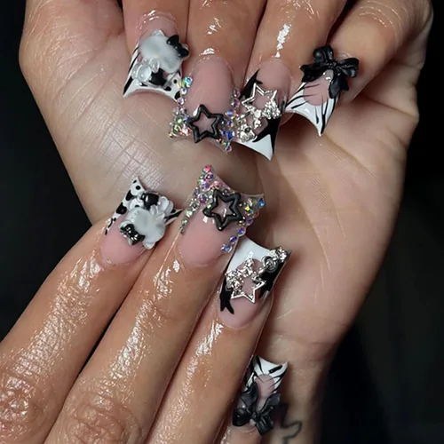 Vista 13 de 24 uñas postizas cuadradas a presión, cortas, bonitas, florales, acrílicas, con diseños de flores de arcoíris, uñas reutilizables con pegamento