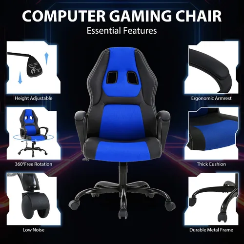 Vista 7 de Massage Gaming Chair – Ergonomic Office Desk Chair with Recline Function, PU Leather & Breathable Design, Lumbar Pillow, Adjustable Height, 360° Blue