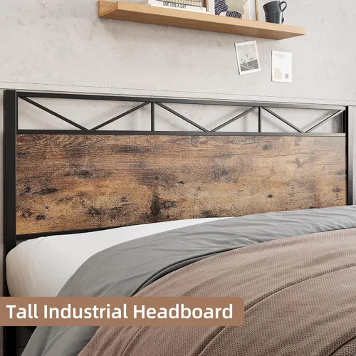 Vista 11 de Senfot Base de cama de tamaño matrimonial con cabecera y estribo de madera rústica, plataforma de metal, soporte de listones de acero resistente,