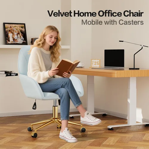 Vista 4 de Silla de escritorio para oficina en casa cómoda con ruedas ajustables giratorias, silla moderna de terciopelo para maquillaje con respaldo