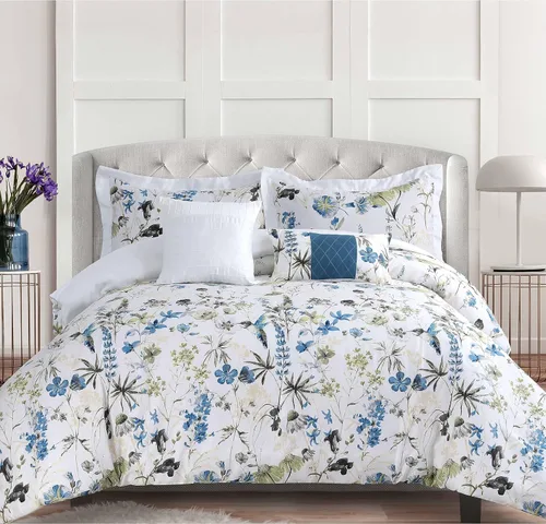 Tribeca Living Juego de edredón de algodón con estampado floral, juego de ropa de cama de cinco piezas de gran tamaño, incluye un edredón, fundas de