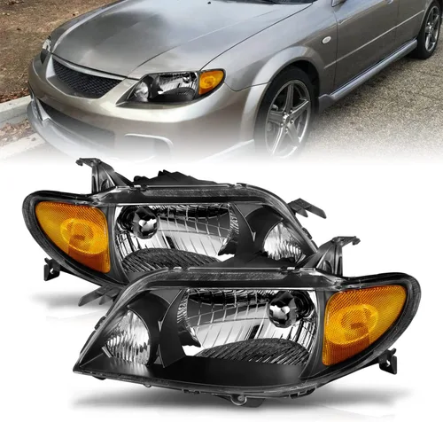 AmeriLite - Faros delanteros de cristal negro ámbar para Mazda Protege - Lado del pasajero y del conductor
