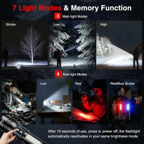 Vista 2 de RECHOO Linternas Recargables de Altos Lúmenes, Linterna de 7Modos con Interruptor Dual Recargable con Pantalla Digital LCD, Linterna Súper Brillante