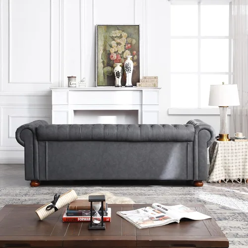 Vista 14 de Bellemave Chesterfield - Sofá de piel sintética de 3 plazas con cabeza de clavos y brazos enrollados, sofás tapizados con patas de madera de goma