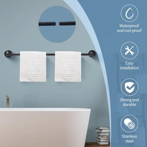 Vista 2 de Juego de accesorios de baño, barra de toalla extensible ajustable negro mate, juego de 4 piezas de accesorios de baño duraderos de 24 pulgadas